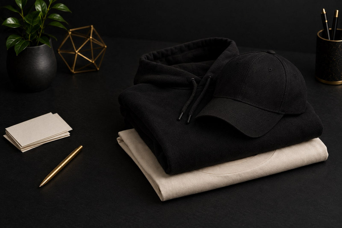 Custom apparel — black hoodie, cap and cream tee