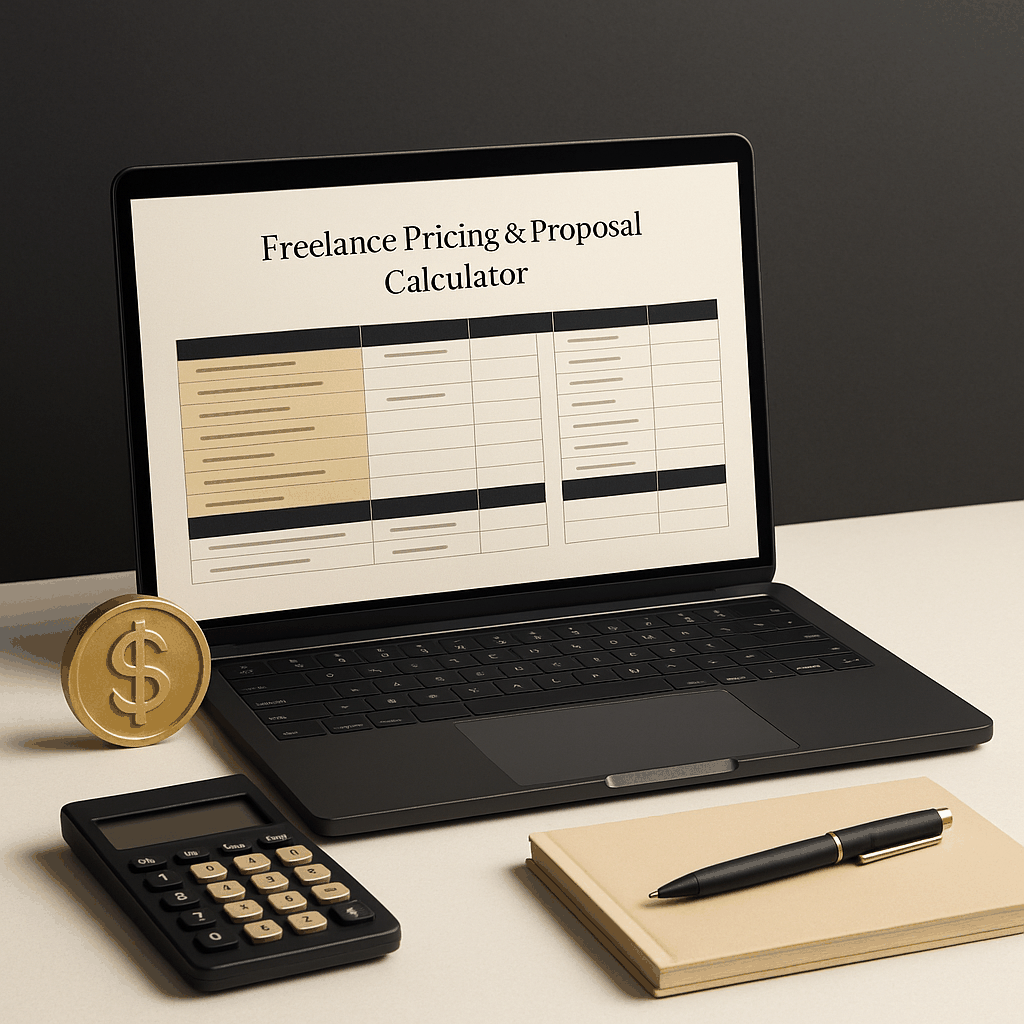 Freelance Pricing & Proposal Calculator spreadsheet showing project pricing and client proposal generation in Google Sheets.