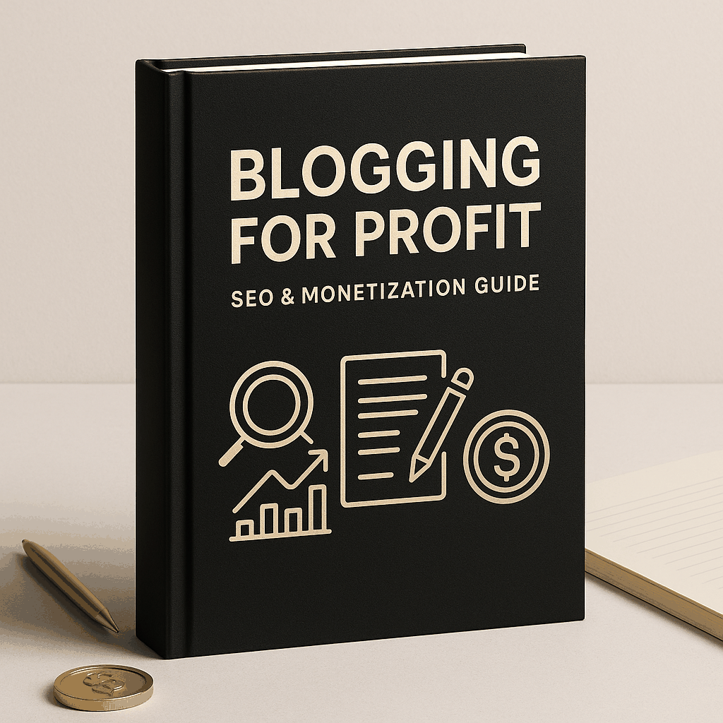 Blogging for profit guide cover with SEO and monetization strategies and 12-month content plan