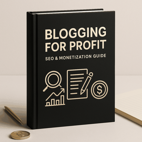 Blogging for profit guide cover with SEO and monetization strategies and 12-month content plan