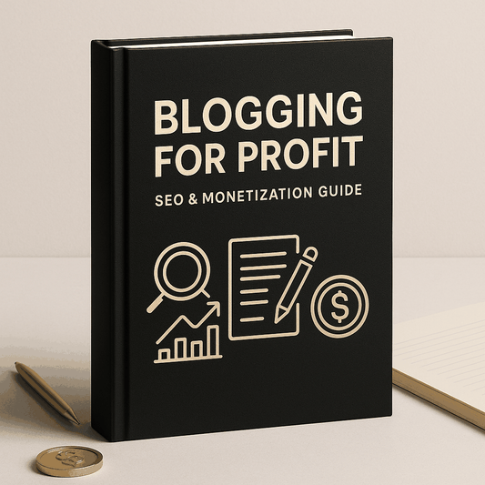 Blogging for profit guide cover with SEO and monetization strategies and 12-month content plan