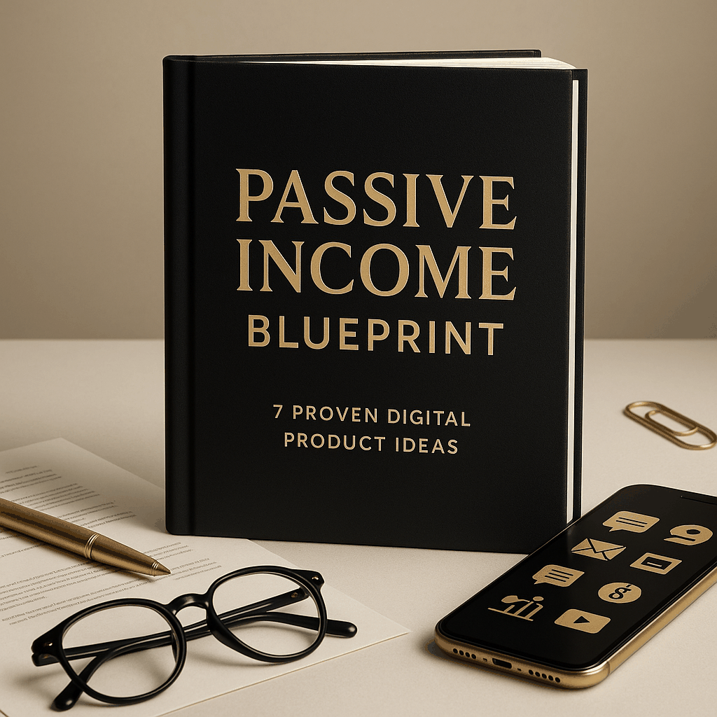 Passive Income Blueprint infographic showcasing 7 proven digital product ideas like ebooks and mini-courses