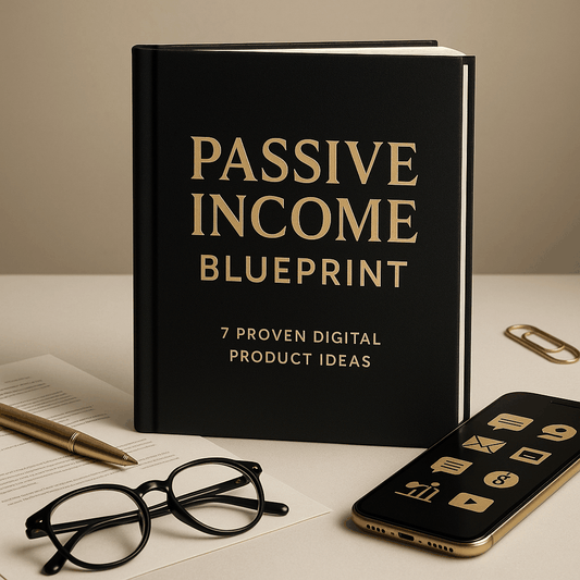 Passive Income Blueprint infographic showcasing 7 proven digital product ideas like ebooks and mini-courses