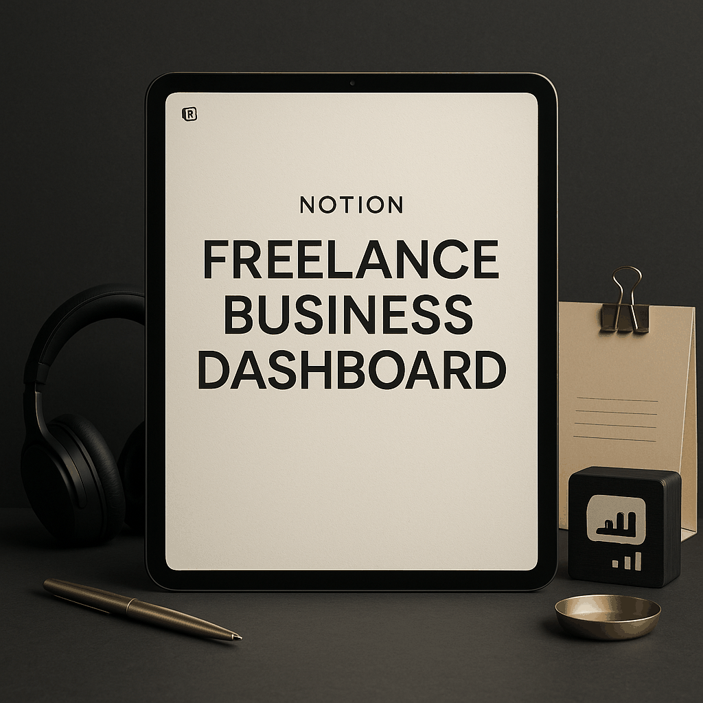 Notion Freelance Business Dashboard showing client CRM, project tracker, invoice log, content calendar, and goal tracker in a clean workspace screenshot