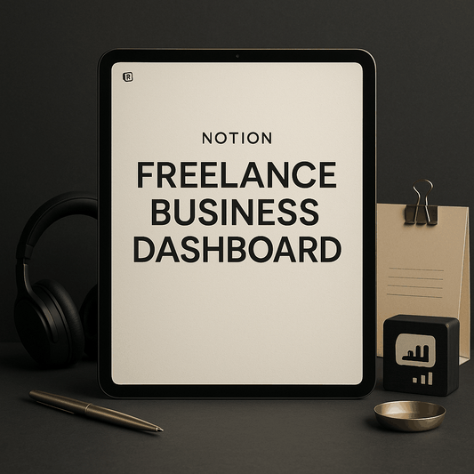 Notion Freelance Business Dashboard showing client CRM, project tracker, invoice log, content calendar, and goal tracker in a clean workspace screenshot