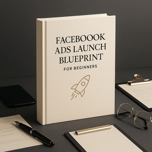 Facebook Ads Launch Blueprint for Beginners guide cover with digital marketing icons and social media symbols